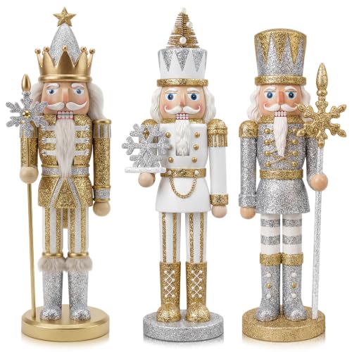 Simgoing 3 Pcs Snowflakes Nutcracker, Gold Silver White Christmas Figurines - color: Snowflake Nutcracker, size: 5 Inch