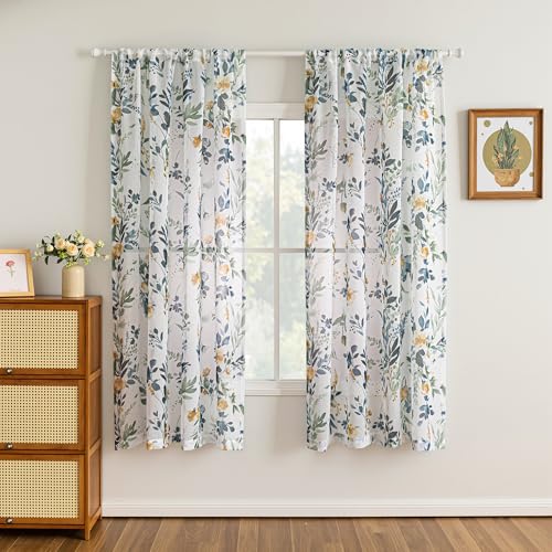 MYSKY HOME Yellow and Blue Floral Sheer Cafe Curtains 54 Inch Length - color: A-yellow & Blue, size: 52"W x 54"L (Pack of 2)