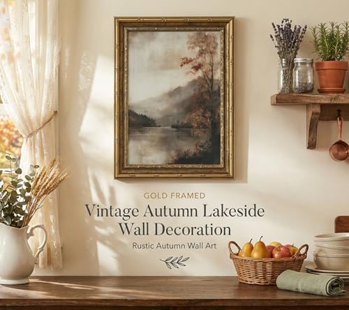 Gold Framed Vintage Fall Landscape Canvas Wall Art, Rustic Moody Lakeside Painting Picture Wall Decor,Autumn Nature Lake Poster Print Artwork, for Living Room Farmhouse Home Decoration 9x11in - color: Gold Framed, size: 11"L x 9"W