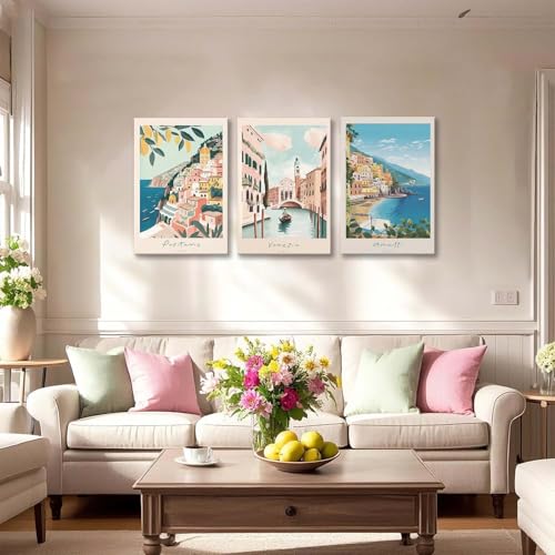 XLARTMY Italy Amalfi Coast Travel Posters Wall Art Framed Canvas Decor City Landscape Blue Venice Coast Painting Beach Modern Artwork for Living Room Bedroom Bathroom Office Set of 3 16x24in - color: Travel Coast, size: 16x24in Canvas