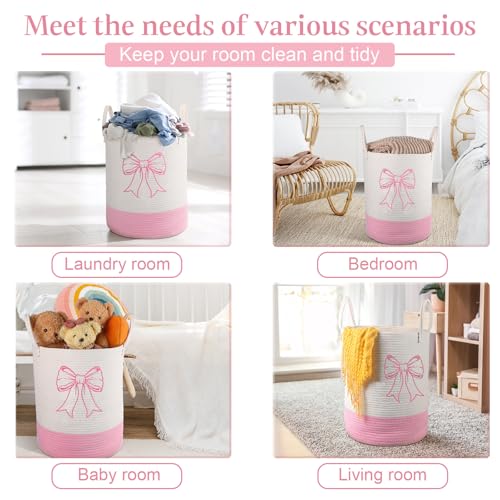 Honeydak Pink Bow Cotton Rope Laundry Basket Hamper, Bowknot - style: Bowknot