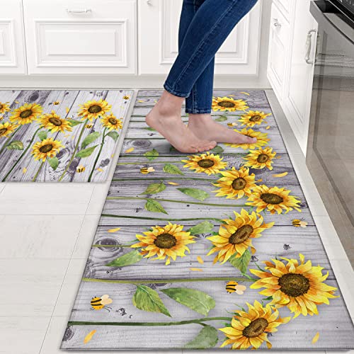 Wood Grain Sunflower Kitchen Rugs and Mats for Floor 2 Piece Sets, Sunflower Kitchen Mat and Gray Wood Grain Floor Rug for in Front of Sink for Standing for Kitchen Decor 17"X30"+17"X47" - color: Kitchen Mats Sunflower
