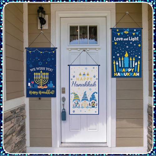 Tegeme 3 Pcs Hanukkah Door Sign Flag Chanukah Door Blue White Doors Banner - style: Hanukkah