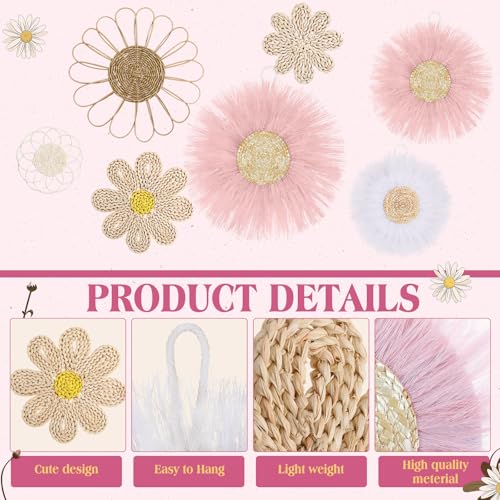 Chunful 7 Pcs Boho Wall Basket Decor Rattan Flower, Pink - color: Pink