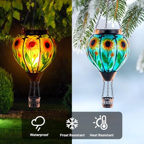 Starsoul 2 PC Sunflowers Hot Air Balloon Solar Lantern with Flame Glass Hanging Outdoor Hot Air Balloon Solar Light Waterproof Garden Patio Yard Party Decorations - color: Sunflower-2 PC