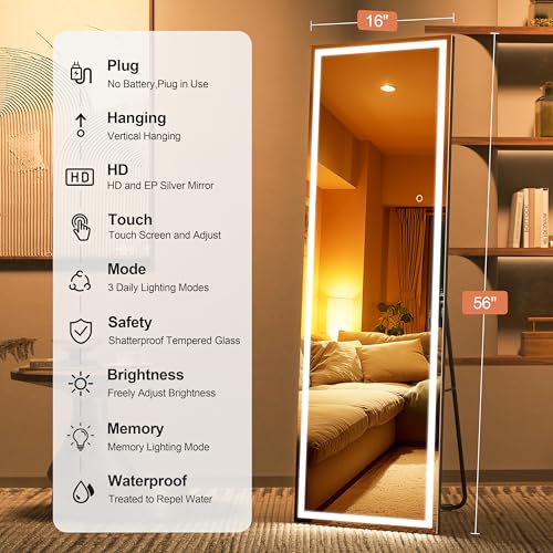 Full Length Mirror with Lights, 56" x 16" LED Lighted Floor Standing Body Mirror, Dimmable & 3 Color Lighting for Bedroom, Cloakroom, Dressing Room, Tempered Glass, Square Black - color: Black, size: 56"L x 16"W