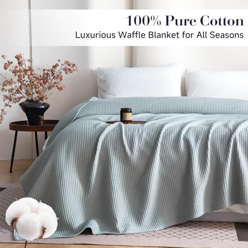 Simple&Opulence 100% Cotton Waffle Weave Blanket Twin Size 66"x90", 260GSM Pre-Washed Soft Cooling Lightweight Breathable All-Season Layer Blanket, Home Decor Gift for Adults Couch Bed, Grey Blue - color: Grey Blue, size: Twin(66"x90")
