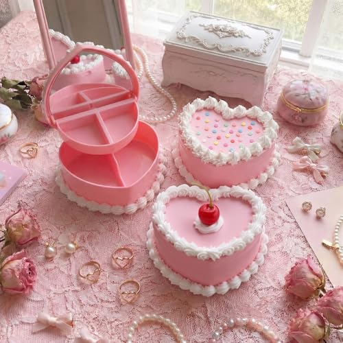 Nosiny 3 Pcs Heart Cake Jewelry Box Coquette Fake Cherry Cake Trinket Box Decor Cute Kawaii Home Pink Decorative Storage Gifts for Women