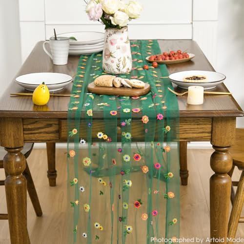 Artoid Mode 3PCS Dark Green Embroidery Daisy Gauze Table Runner 120 Inch - color: Dark Green, size: 28" x 120", 3pc
