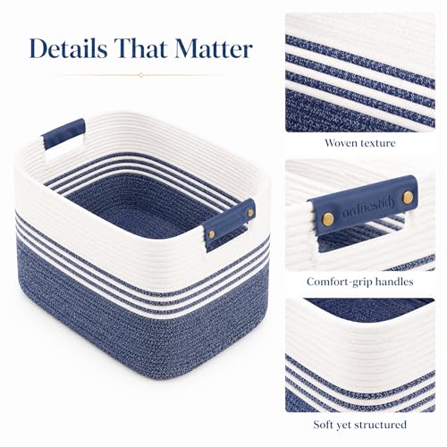 Cotton Rope Laundry Basket Extra Large, 22.8GAL Collapsible Woven Storage Baskets for Living Room Kids Toys Stuffed Animal,Boho Rectangular Decorative Hamper for Dirty Clothes, Blankets Denim Blue - color: DenimBlue, size: 22.8GAL
