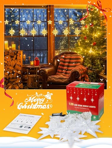 126 LED Star Icicle Lights,7.8ft Window Curtain Lights Plug in - color: Warm White