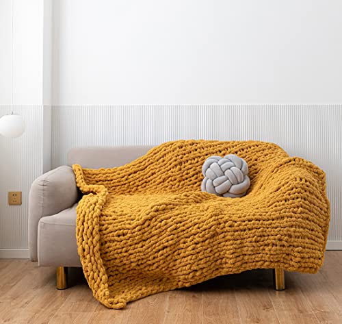 Chunky Knit Blanket Soft Chenille Yarn Knitted Throw Blanket 50"X60" Handmade Cable Warm Thick Giant Blanket for Couch Bed Trips (Turmeric Yellow, Throw 50"X60")?-¡ - color: Turmeric Yellow, size: Throw 50"X60"