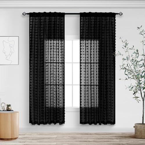DANCURTON Black Sheer Curtains for Small Window Bedroom 63 Inch Length 2 Panels Pom Pom Tufted Design Boho Modern Chic Semi Sheer Black Curtains for Nursery Girls Kids Room Back Tab Rod Pocket 52x63 - color: Black, size: 52"W x 63"L (Pack of 2)