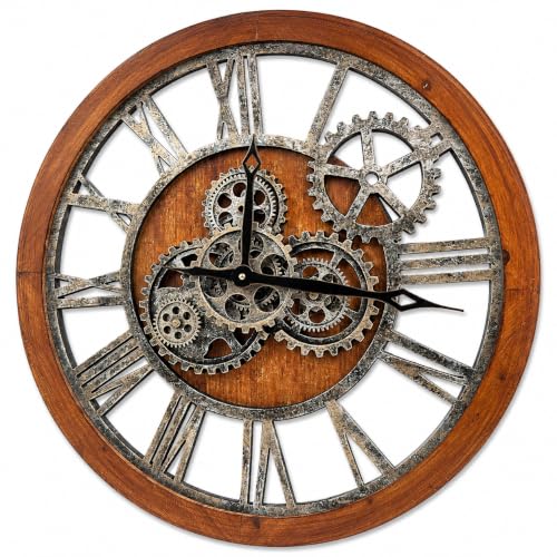 The B-Style Large Wall Clock, 24 inch, Brown and Bronze - color: Brwon With Bronze Gears, size: 24 inch (60 cm)