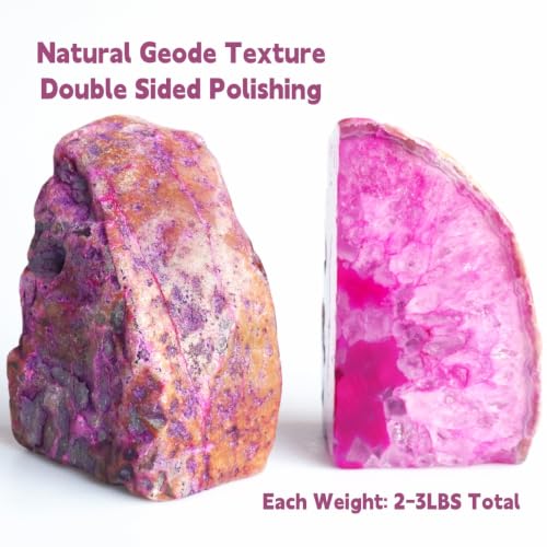 Geode Bookends Agate Decor Book Ends Unique Crystal Bookend Dyed Pink for Home Decorative 1 Pair 2-3 Lbs - color: Pink, size: 2-3LBS