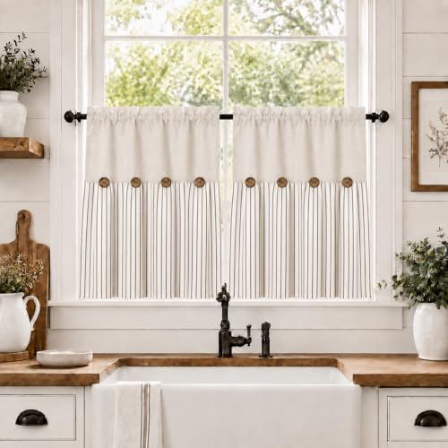 DOSLY IDÉES Farmhouse Linen and Cotton Curtain, Brown Striped,26" W x 24" L - color: Linen & Brown Striped, size: 26"W x 24"L (Pack of 2)