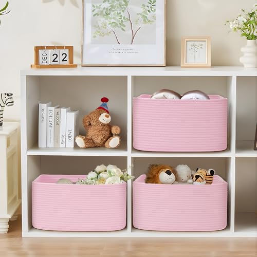 3 Pack Large Storage Basket for Organizing, 17.5"x13"x7" Woven Basket for Shelves, Closet Cube Storage Bins with Wrapped Handle, Cotton Rope Baskets for Kitchen, Clothes, Toys(Light Pink) - color: Light Pink, size: 3 Pack