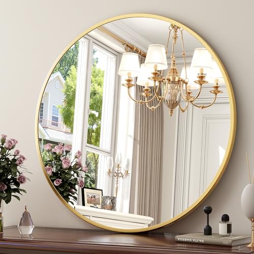 XRAMFY 18 Inch Round Gold Metal Wall Mirror - Stylish Circle Mirror for Entryway, Bathroom, and Living Room Decor | Matte Gold Circle Wall Mirror - color: Round-gold, size: 18"L x 18"W