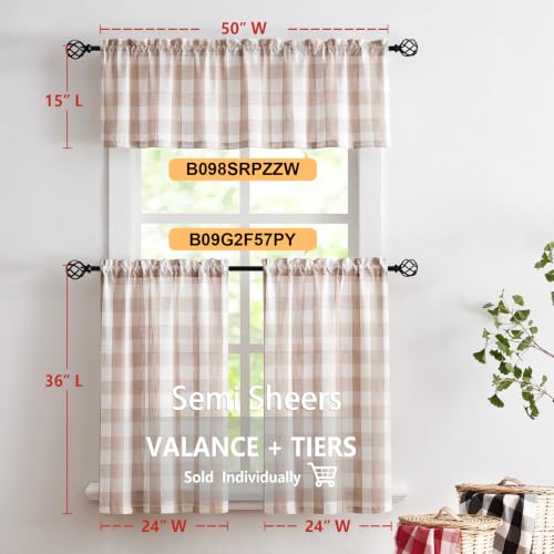 Taupe White Check Kitchen Tier Curtains for Basement Laundry 27x36 2pcs - color: Taupe and White, size: 24"W x 36"L (Pack of 2)