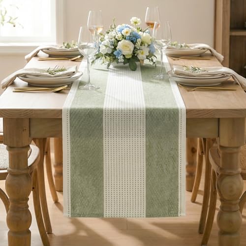 Artoid Mode Sage Green Farmhouse Rustic Table Runner, Seasonal Macrame Fabric Kitchen Dining Holiday Wedding Table Decor for Home Party 13x48 Inch - color: Sage Green, size: 13" x 48", Table Runner