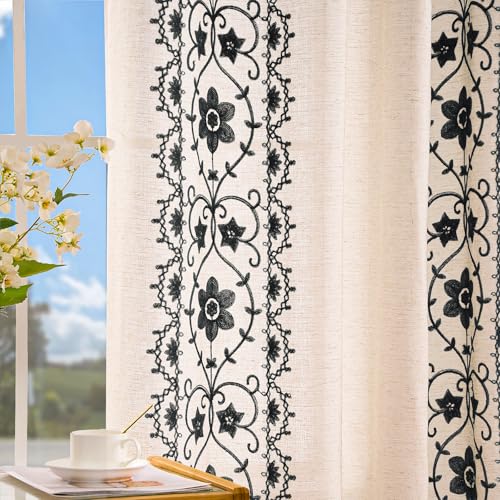 Black Boho Farmhouse Floral Linen Curtains 96 Inch Grommet 2 Panels - color: Black on Beige, size: 52"W x 96"L (Pack of 2)