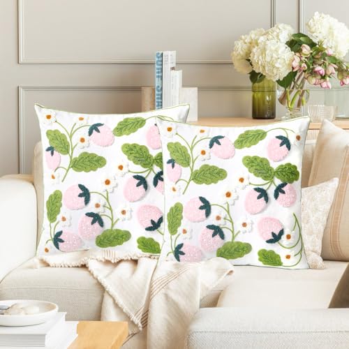Pack of 2 Embroidered Throw Pillows Cover 18x18 Inch Decorative Pillowcase for Living Room Sofa Bed (Pink Strawberry) - color: Pink Strawberry