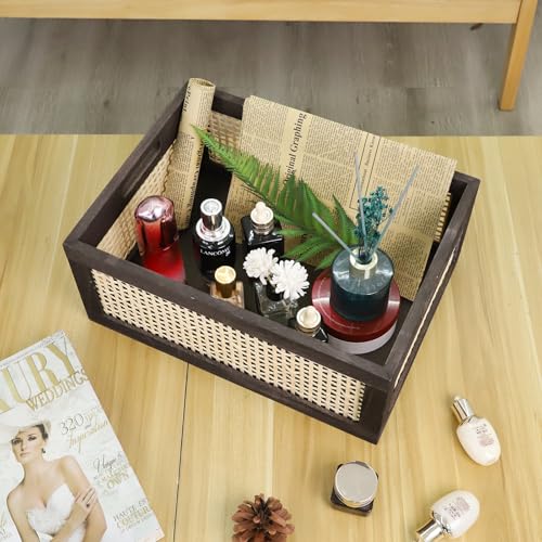 Rattan Wooden Storage Basket with Handle, Large Brown - color: Brown, size: Large (Set of 1)