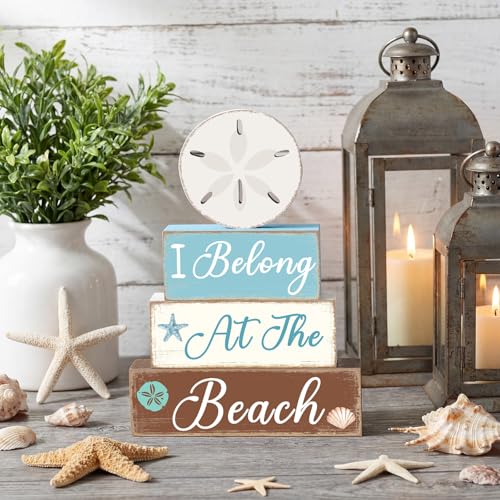 GlikCeil 4 Pcs Beach Coastal Tiered Tray Decor Summer Sand Dollars Wooden Table Centerpieces Blocks Wooden Ocean Blocks Decorations Table Top Sign Decor for Farmhouse, Beach House, Tables Centerpiece - style: Coastal