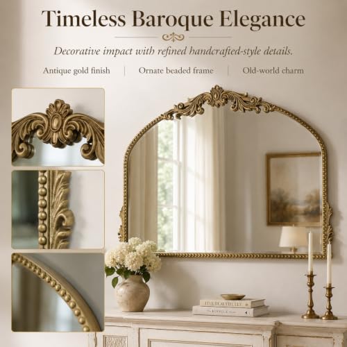 Arched Wall Mirror, 36×24 Inch Baroque Gold Frame with Beaded Border - color: Gold