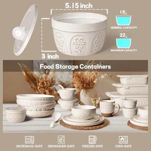 Artena Meal Prep Containers 22 OZ, 4 Pack Snack Containers, Reusable Food Storage Containers With Lids For Soup Yogurt Oatmeal Lunch Breakfast, Ceramic Cereal Bowls (White, Pinwheel Flower) - size: 5.15 inch (Pinwheel Flower, White)
