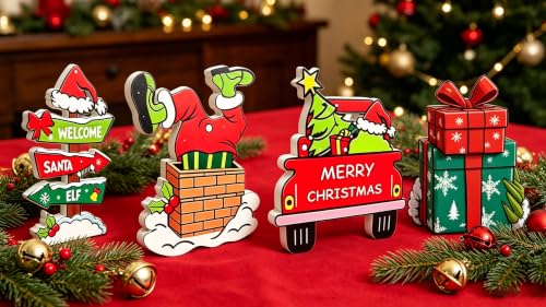 4 PCS Christmas Tables Centerpieces Decorations for Home Wooden, Christmas Tiered Tray Decorations Set for Kitchen Office Home Indoor Mantel Decorations
