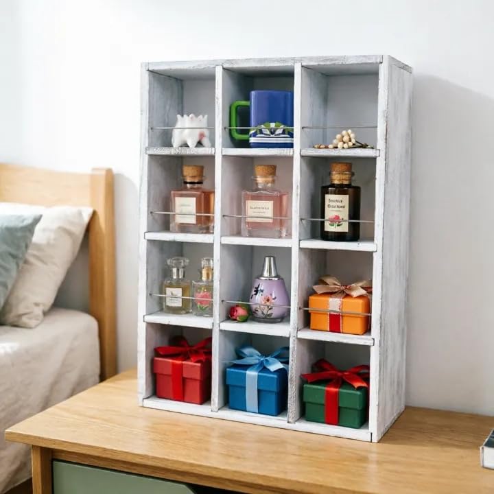 12 Grid coffee mug display shelf,17x25" Wooden cup shelf for wall, White - color: Old White