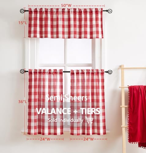 Red Plaid Kitchen Curtains Tiers 36" Half Window Café Curtains Semi Sheers - color: Red and White, size: 24"W x 36"L (Pack of 2)