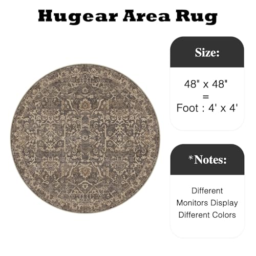 HUGEAR 4ft Brown Vintage Floral Washable Round Rug for Entryway - color: Brown & Black, size: 4' (Round)