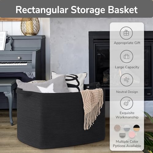 Goodpick 105L Extra Large Woven Rope Blanket Basket, Rectangle, Black - color: Black, size: XX-Large(25"L x 16"W x 16"H)