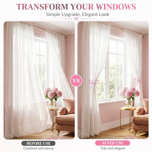 Novabright 2 Pack Pink Beaded Bow Magnetic Curtain Tiebacks No Drill