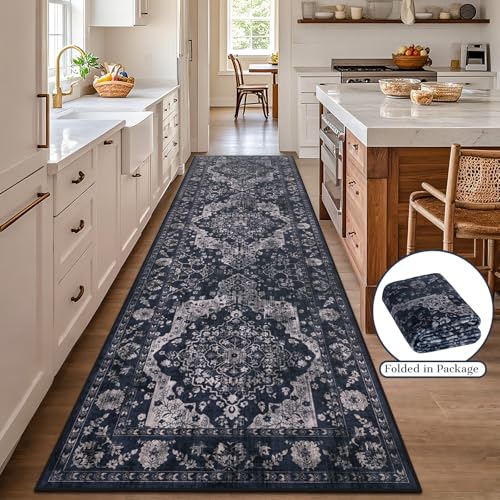 nesrt Boho Vintage Runner Rug for Hallway 3x10, Non-Slip Washable Long Kitchen Rug, Soft Faux Wool Thin Printed Distressed Floor Carpet Runners for Hall Entryway Bedroom Stairway(Blue) - color: Blue, size: 3' x 10' (Rectangular)
