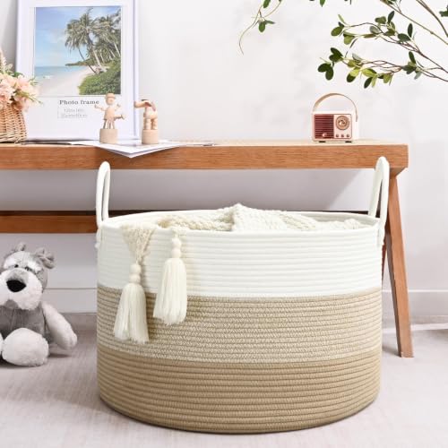 67L Large Woven Blanket Basket, Cotton Rope Baby Laundry Hamper with Handles, Kids Toy Basket for Classroom & Nursery, Soft Round Stuffed Animal Storage, Dog Toy Bin - 20"x13", Gradient Brown - color: Gradient Brown - W, size: Wide (20"D×13"H)