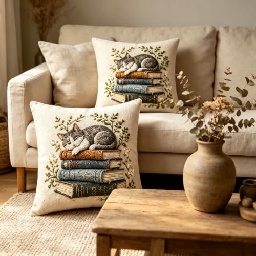 2D Flat Sleeping Cat on Books Linen Throw Pillow Covers 18x18 Set of 2 - color: A20022, size: 18" x 18" (Pack of 2)