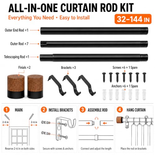 2 Pack Boho Rustic Adjustable Wood Curtain Rod 32-144 Inch, Black - color: Black, size: 32"-150"|2 PACK