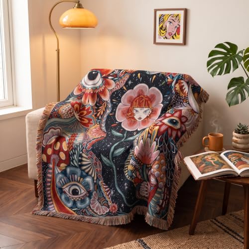 Hippie Flower Cotton Woven Boho Throw Blanket for Couch Bed Chair Lounge Hippie Room Decor Reversible Whimsical Throw Blanket Witchy Room Decor Throws Bed Spread Outdoor Camping Blankets 51x59 Inches - color: Woven Aesthetic Girl
