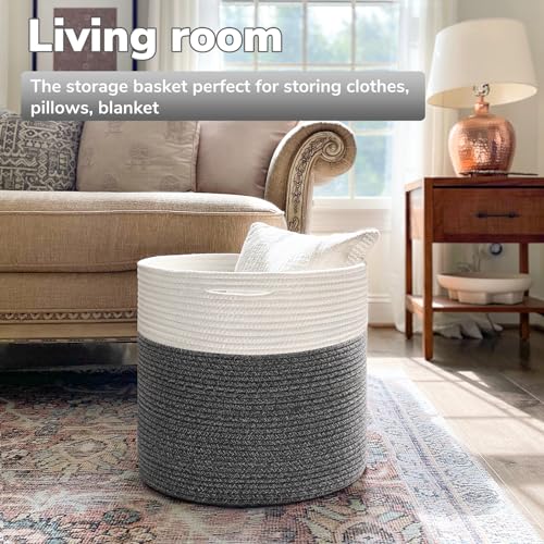 Goodpick Woven Blanket Basket Living Room, Toy Bin for Playroom, 45L - color: White & Grey, size: 15.8x15.8x13.8 Inch (Pack of 1)