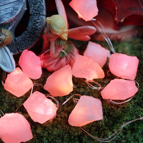 Genuine Rose Quartz Crystal Decorative String Lights Raw Stone Color Changing 8.5ft 20 LEDs USB Plug in Battery Operated with Remote for Bedroom Chakra Décor Nature Ornaments Nightlight Wedding Décor