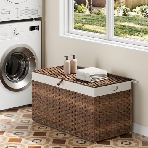 HOOBRO Storage Basket with Lid, 42.3 Gallon (160L) Wicker Basket, Handwoven Blanket Storage Basket with Handles, Metal Frame and Soft Lining, Foldable for Bedroom, Laundry Room, Brown BR216CW01 - color: Brown, size: 29.9"L x 17.7"W x 18.1"H