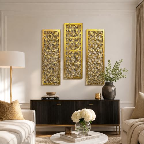 The Wooden Town Wall Art Decor Set of 3-36x12 Decorative Wall Art Panels, Gold Foil on White Wood - Elegant Sculpture Wall Décor for Living Room, Bedroom, Office, or Entryway - color: White, size: 36"L x 12"W
