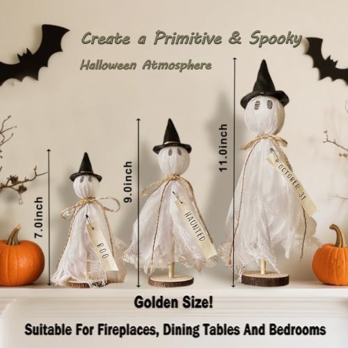 Halloween Decorations Indoor - 3 Set Primitive Halloween Ghosts with Hat, Wooden Stand Ghost Decor for Table Centerpieces, Mantels, Shelves, Vintage Spooky & Festive Party Decor - color: White Ghost With Hat