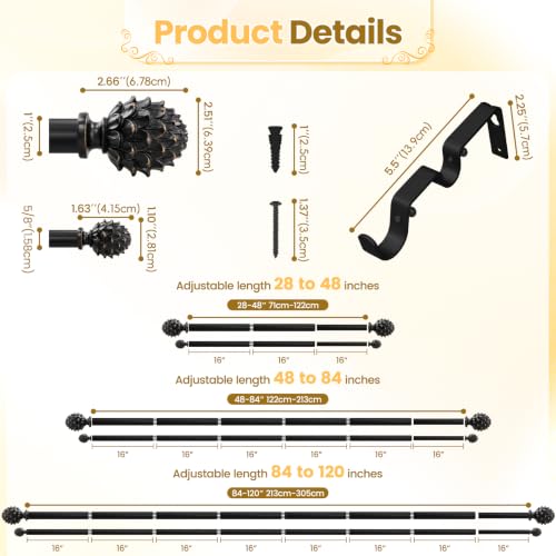 Double Layered Curtain Rod with Black Pine Cone Finials, 28"-48" - color: Black, size: 28"-48"