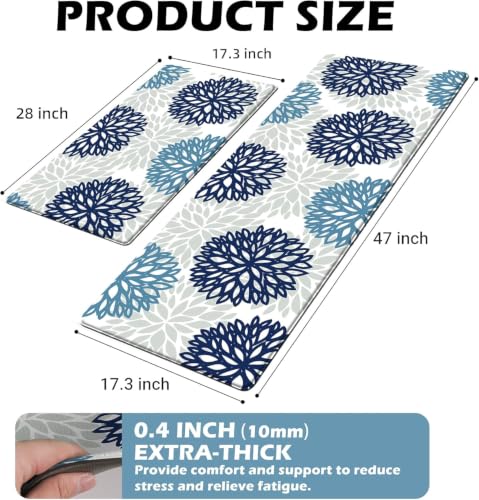 Kitchen Mats Set of 2 Cushioned Anti Fatigue Kitchen Rugs Non Slip Waterproof Kitchen Runner Memory Foam Kitchen Floor Mat Comfort Standing Mat for Sink,Office,Laundry,17.3 x 28 inch + 17.3 x 47 inch - color: Navy Teal, size: 17.3"x28"+17.3"x47"--0.4"Th