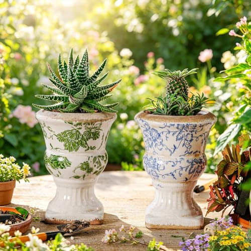 Sungmor Small Ceramic Urn Planter - Blue Floral Pedestal Flower Pot - color: Blue