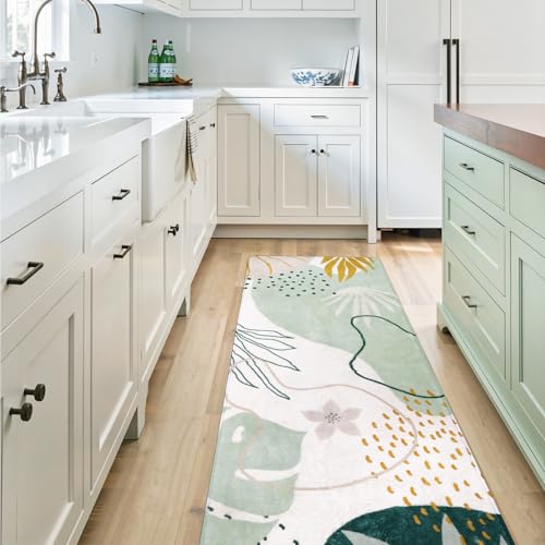 Lahome Green Runner Rugs for Hallway 2x8 Non-Slip Washable Kitchen Rugs Lightweight Low-Pile Throw Laundry Runner Rug, Boho Botanical Print Soft Indoor Carpet Runner for Entryway Bedroom Bathroom - color: Green, size: 2' x 8' Runner